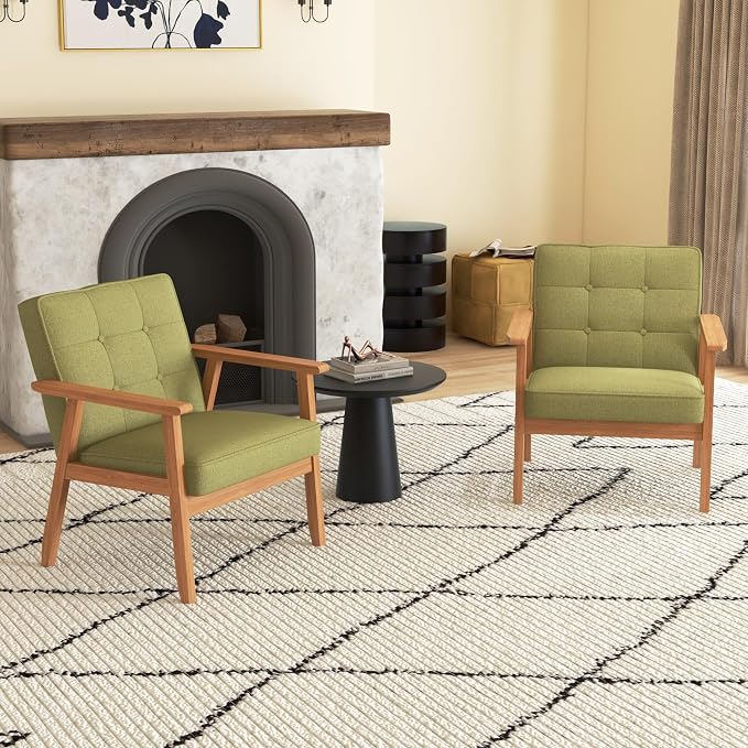 Modern Accent Chair with Arm Rest Set of 2, Upholstered Linen Fabric Leisure - Image 4