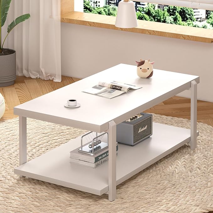 FOLUBAN White Coffee Table, Modern Rustic Wood and Metal Center Table - Image 7