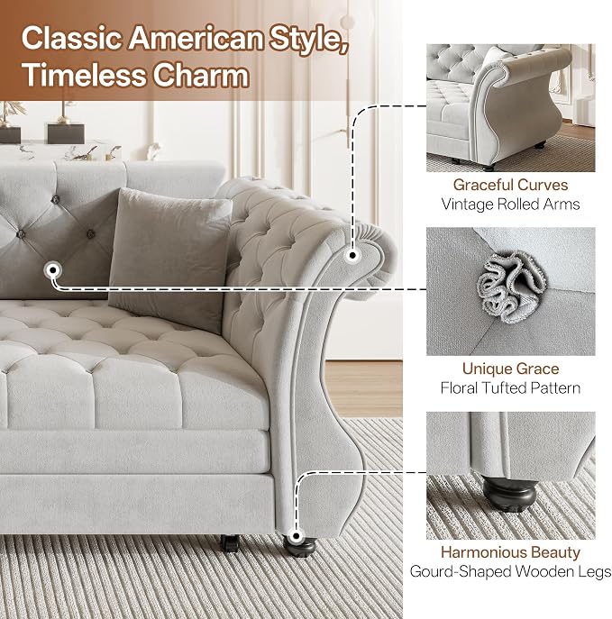 83.8" Oversized Pull Out Sofa Bed, Chesterfield Velvet Sleeper Sofa Couch - Image 4