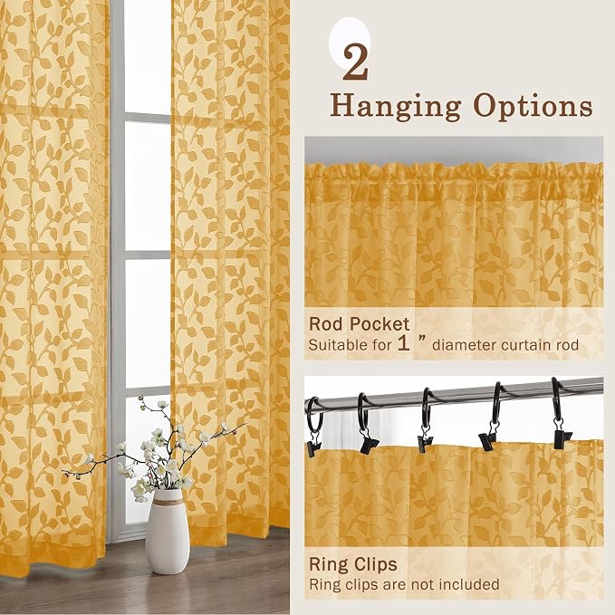 Chyhomenyc Gold Sheer Curtains 96 Inch Length 2 Panels Set, Light Filtering - Image 4