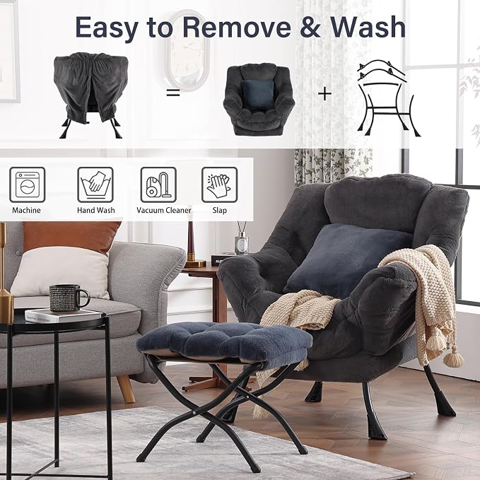 Lazy Chair with Ottoman, Large Blue Gray Accent Chair with Ottoman and FA Throw - Image 6