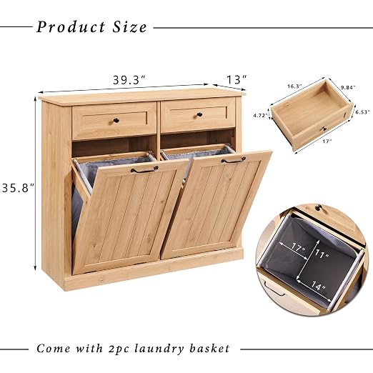 IFGET Double Tilt Out Trash Cabinet, 20 Gallon Farmhouse Laundry Hamper Cabinet - Image 2