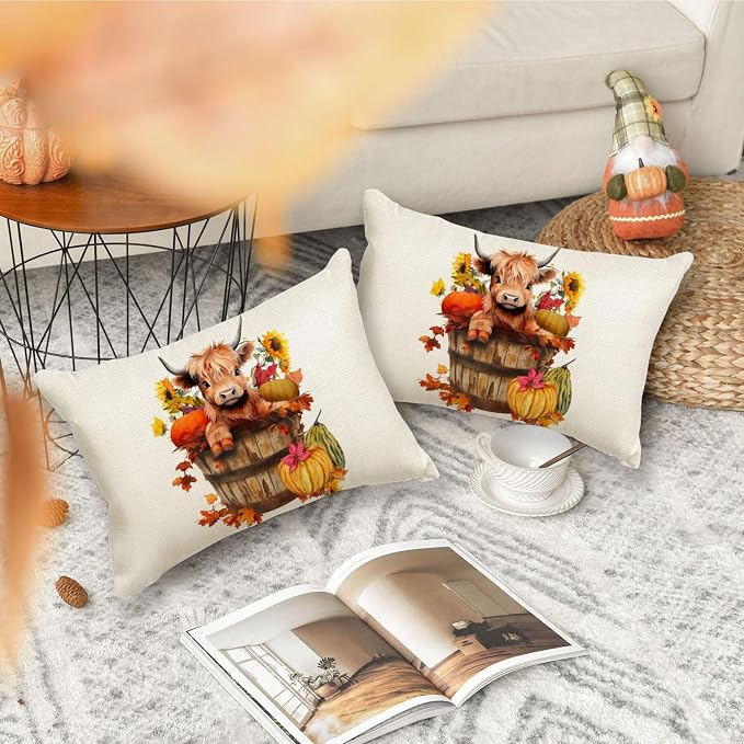 RABUSOFA Fall Decor Pillow Covers 12x20 Inch Lumbar Highland Cow Autumn Fall - Image 3