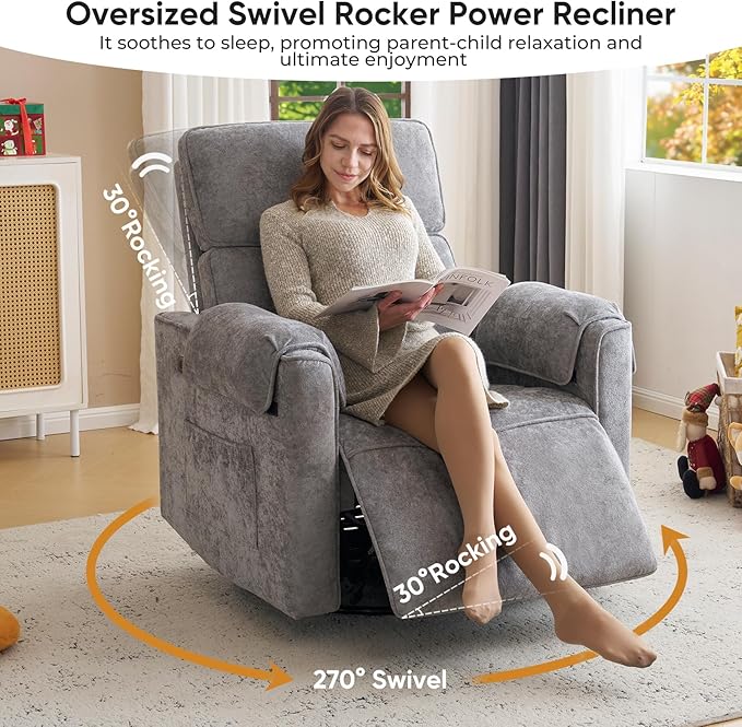 Oversized Power Recliner Chair, Chenille Glider Rocking Nursery Chair - Image 6
