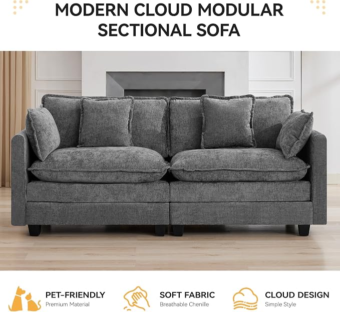 76'' Cloud Deep Seat Loveseat, Upholstered Chenille Modular 2-Seats Sectional - Image 6