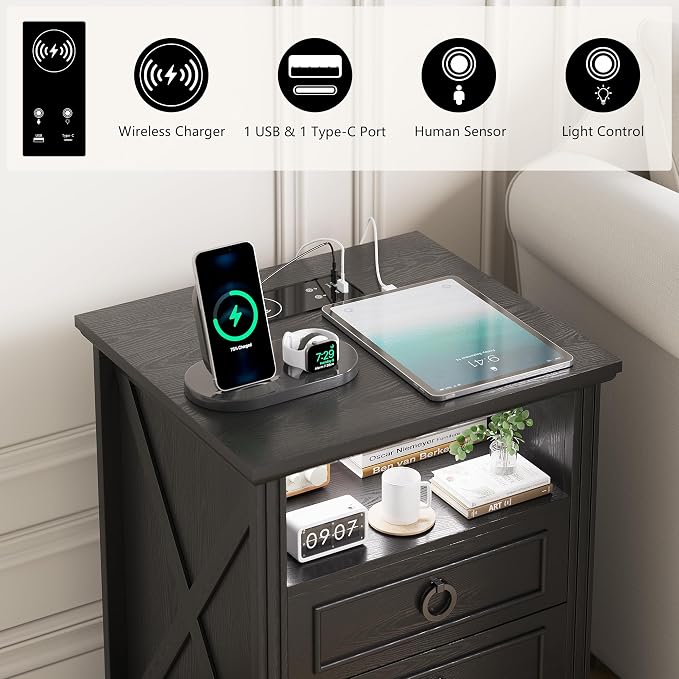 Nightstand Set 2 with Charging Station, Farmhouse End Side Table with 3 Drawers - Image 5
