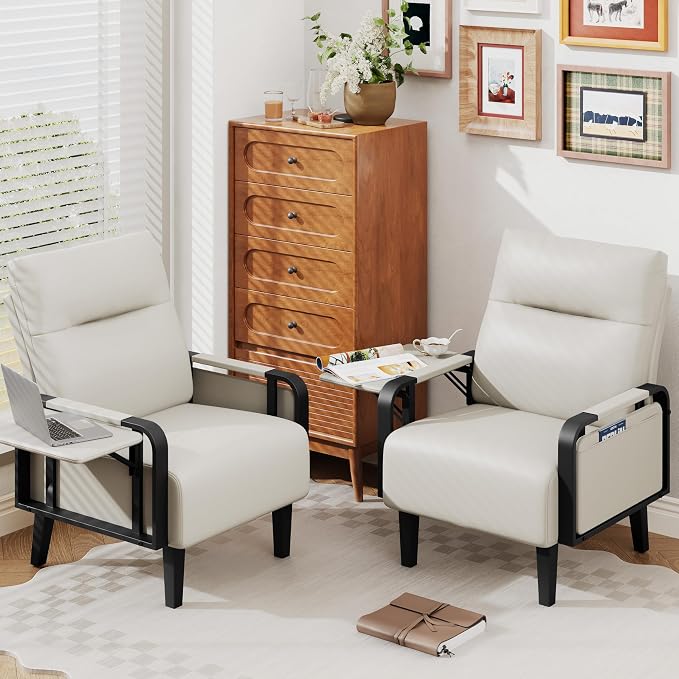 Andeworld Modern Beige Accent Chair, PU Leather Upholstered Armchair Side Chair - Image 7