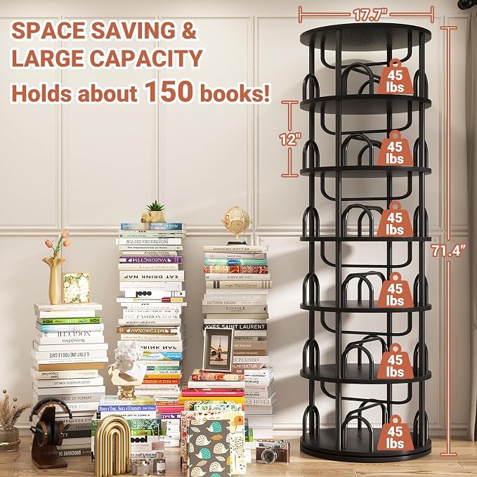 Aheaplus 6 Tier Rotating Bookshelf Tower, Revolving Bookcase, 360° Round - Image 2