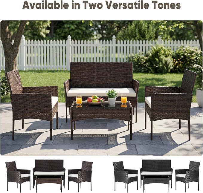 DUMOS 4 Piece Patio Furniture Set, All-Weather Outdoor Wicker Conversation Set - Image 4