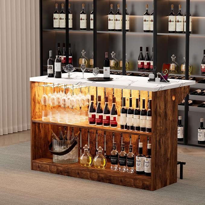 Home Bar Unit with LED Lights and Charging Station, Imitation Marble Mini - Image 9