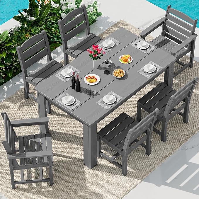 SERWALL HDPE Dining Set for 6: 1 Umbrella Hole Table, 4 Armless + 2 Armchairs. by SERWALL