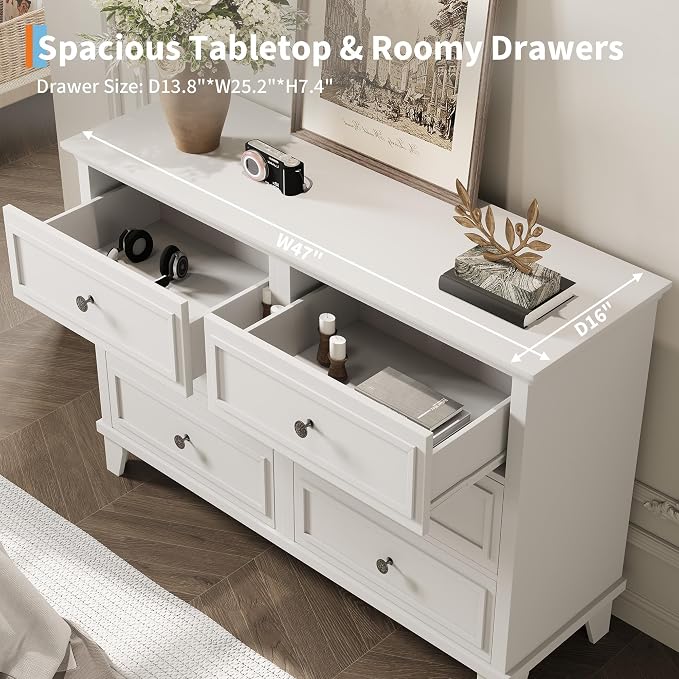 IDEALHOUSE 6 Drawer Dresser, Wooden Storage Chest of Drawers - Image 6