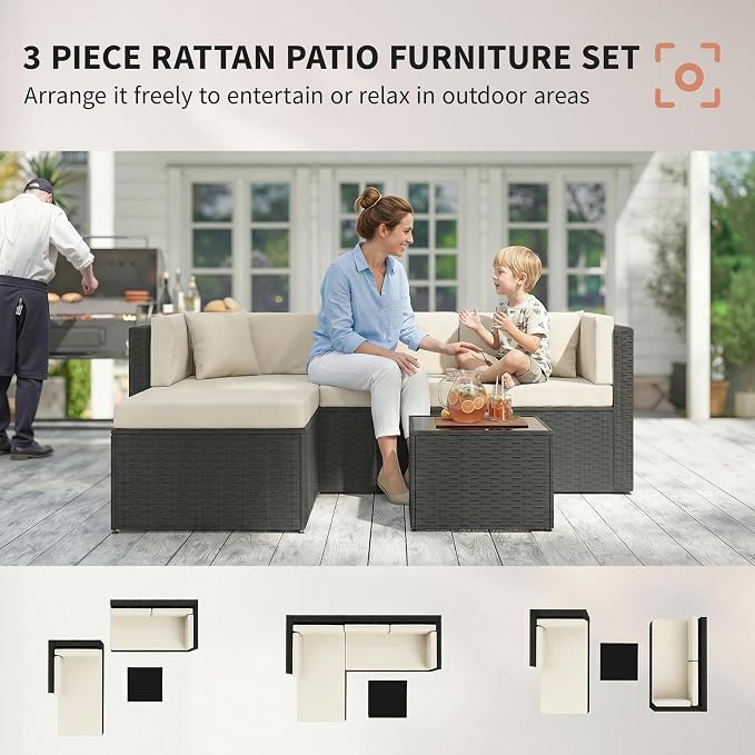 Outsunny 3 Piece Patio Furniture Set, Wicker Rattan Outdoor Patio Conversation - Image 3