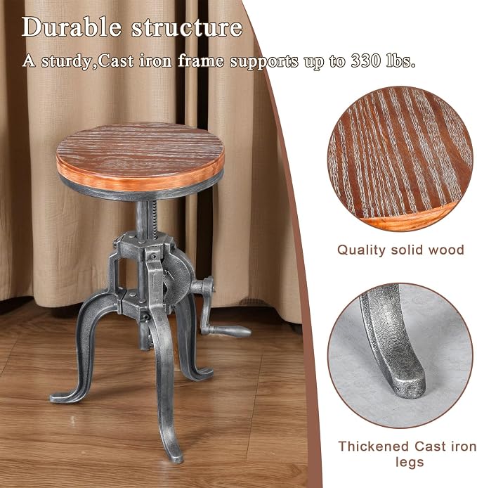 Topower Antique Industrial DIY Crank Stool Cast Iron Three-Legged Chair Bar - Image 7