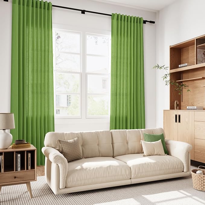 Lime Green Linen Curtains 84 Inches Long, Back Tab Light Filtering Semi Sheer - Image 7