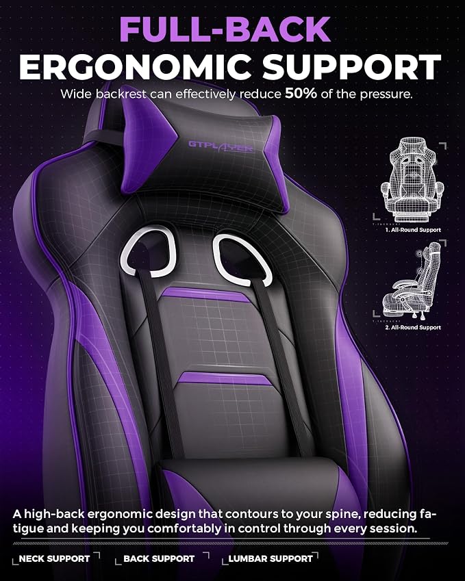 GTPLAYER Gaming Chair with Footrest, Big and Tall Game Chair 350lb Racing Style - Image 7