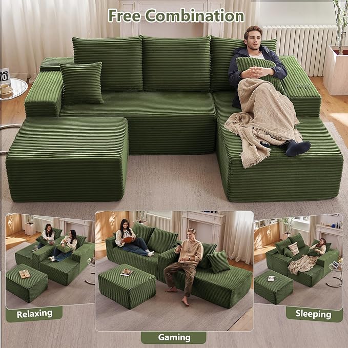 107" Comfy U-Shaped Sectional Modern Boneless Corduroy Couch - Image 7