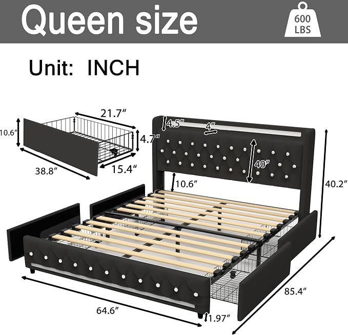 Music Player Bed with Bluetooth Speakers, Queen Size Smart Bed, USB&Type C - Image 2