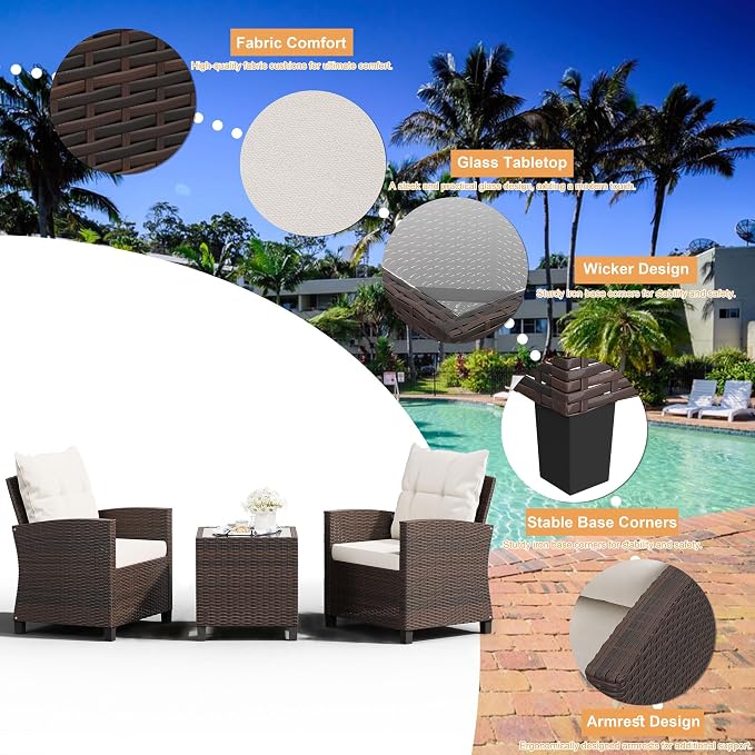 Shintenchi 3 Pieces Patio Furniture Set, PE Rattan Wicker 3 Pcs Patio Set - Image 5