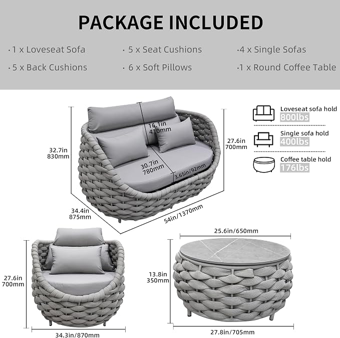 TWT 6-Piece Aluminum Patio Furniture Set, Olefin Rope Modern Outdoor - Image 2