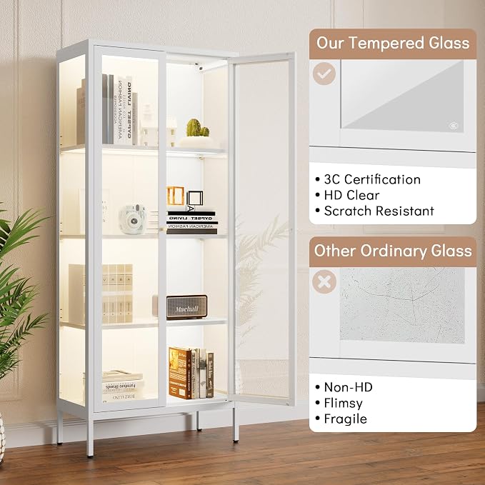 Polup Display Cabinet with 3 Color LED Lights and Tempered Glass, 66 Inch Tall - Image 7