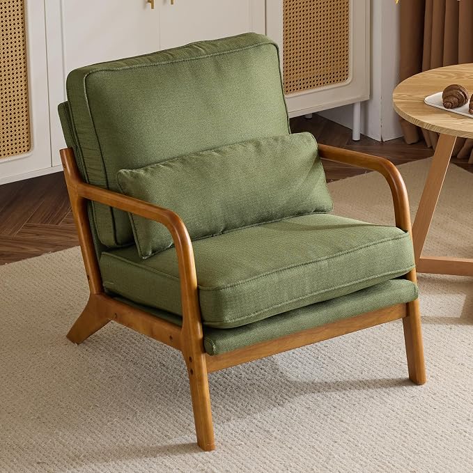 Bonnlo Dark Green Linen Mid Century Modern Accent Chair, Soild Wood Padding - Image 5