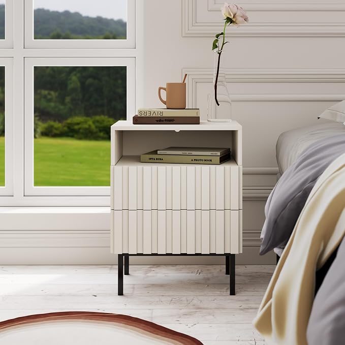 UEV Beige Fluted Nightstand Set of 2, Modern Nightstand - Image 6