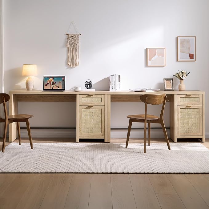 SICOTAS Rattan Home Office Desk, 2 Pieces 59" Boho Executive Desk - Image 5