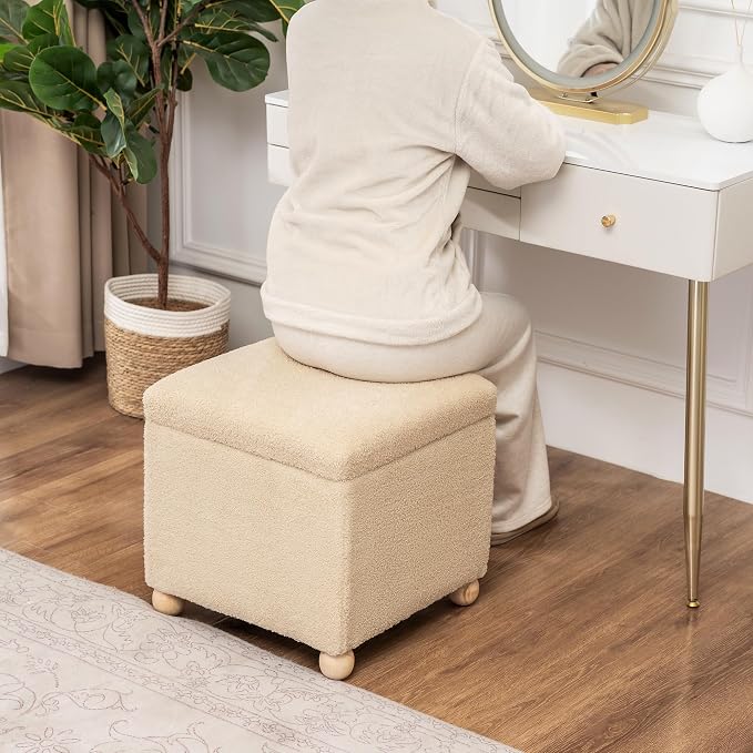 Adeco 17.3" Modern Oatmeal Teddy Velvet Storage Ottoman, Upholstered Cube Foot - Image 4