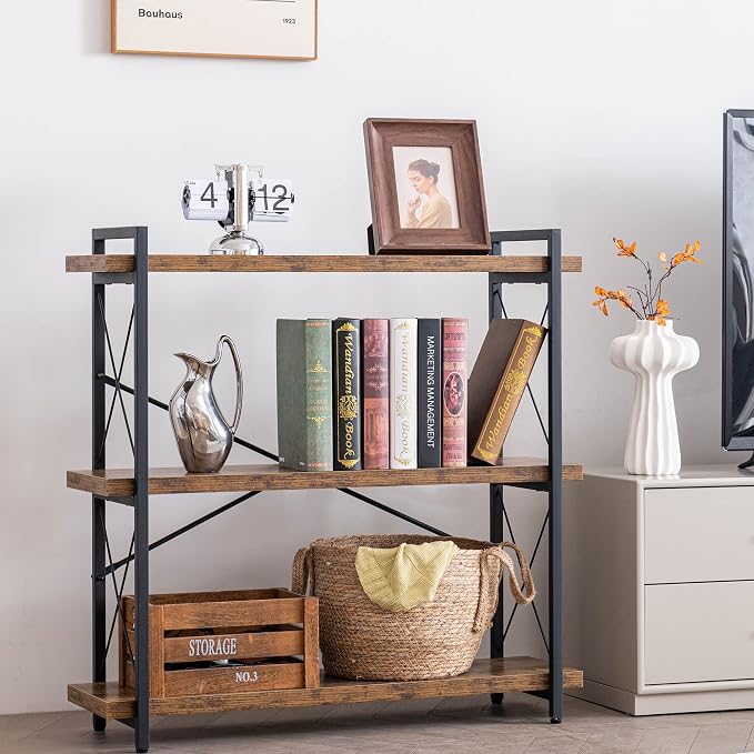 HCHQHS Bookshelf, 3-Tier Industrial Bookcase, Rustic Open Book Shelf, Wood and - Image 2