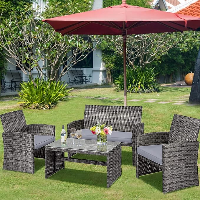 Tangkula 4 Pieces Patio Wicker Conversation Furniture Set, Patiojoy Sofa & - Image 2