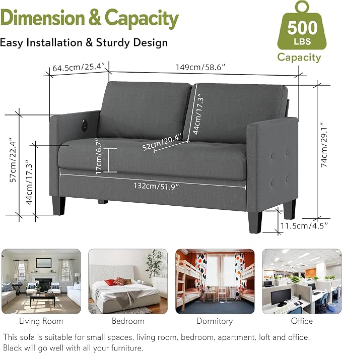 STHOUYN Comfy Loveseat Sofa Small Grey Couch, Small Love Seat Bedroom, Mid - Image 2