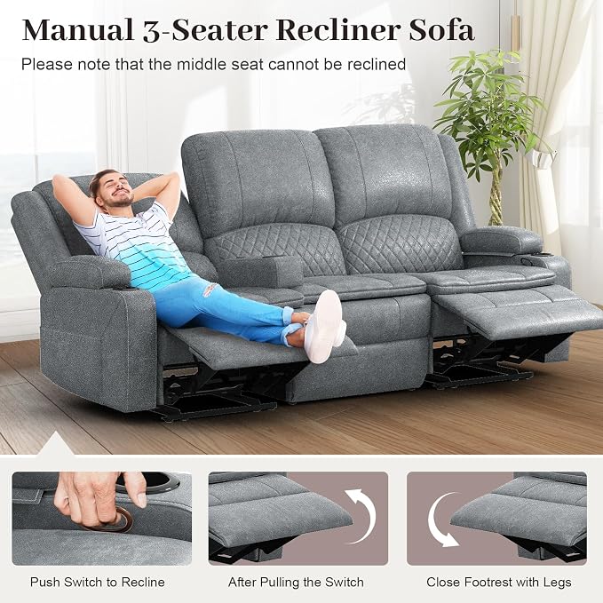 Yolsali Recliner Sofa, 3 Seater Manual Reclining Sofa - Image 4