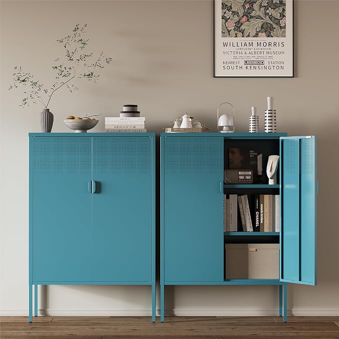 Metal Storage Cabinet, 2 Door TV Stand, Metal Mesh Accent Cabinet, Magnetic - Image 2