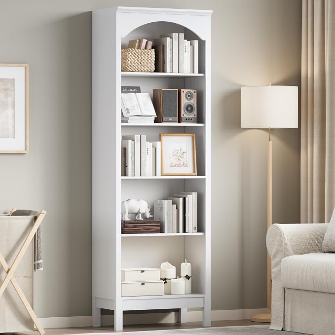 Arched Bookshelf with 5 Tier Open Shelves, Study and Living Room, Modern White - Image 7