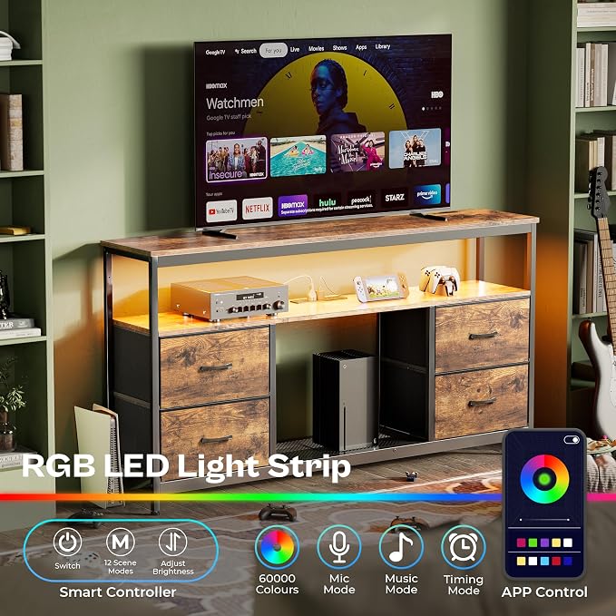 Huuger TV Stand Dresser with Power Outlets and LED Lights, 4 Drawers - Image 2