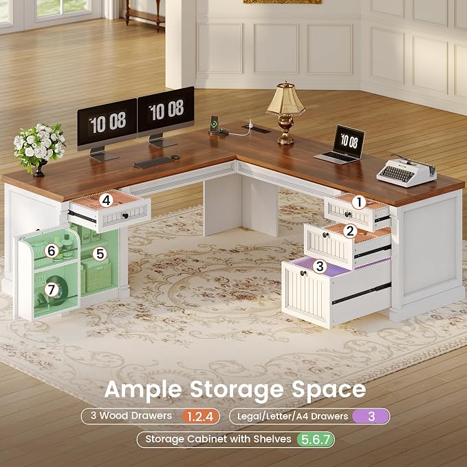 SEDETA L Shaped Desk with 4 Drawers, Corner Computer Desk with Power Strip - Image 7