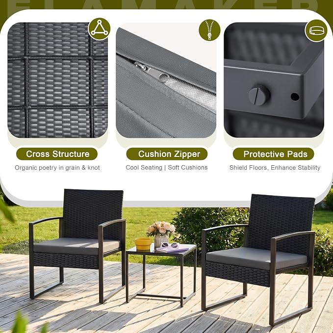 Flamaker 3 Pieces Patio Set Outdoor Wicker Furniture Modern Bistro Rattan Chair - Image 5