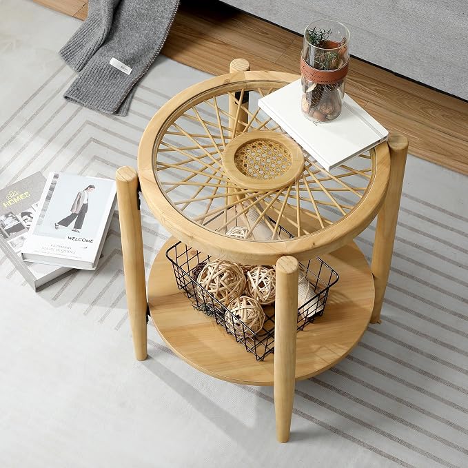 RUSTOWN Rattan Nightstands Set of 2, Boho Wood Round Side Tables, 2-Tier - Image 6