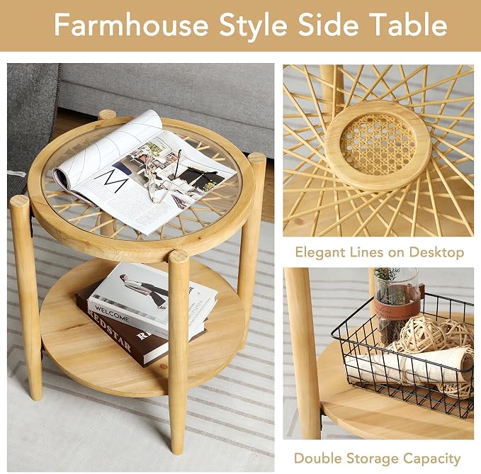 RUSTOWN Rattan Nightstands Set of 2, Boho Wood Round Side Tables, 2-Tier - Image 7