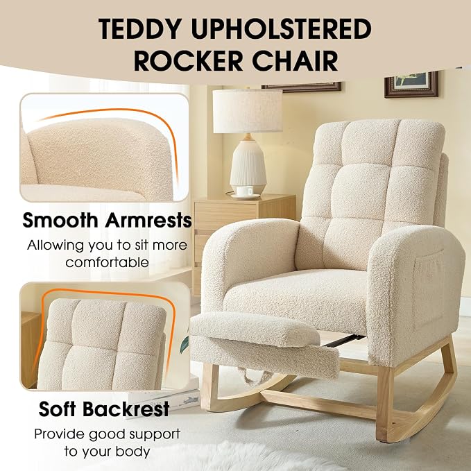 NIOIIKIT Modern Nursery Rocking Chair, Teddy Upholstered Rocking Chair - Image 6