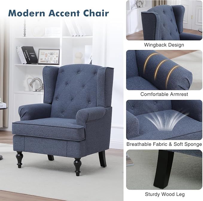 Accent Chair Set of 2, Mid Century Modern Fabric Wingback Chair, Upholstered - Image 5