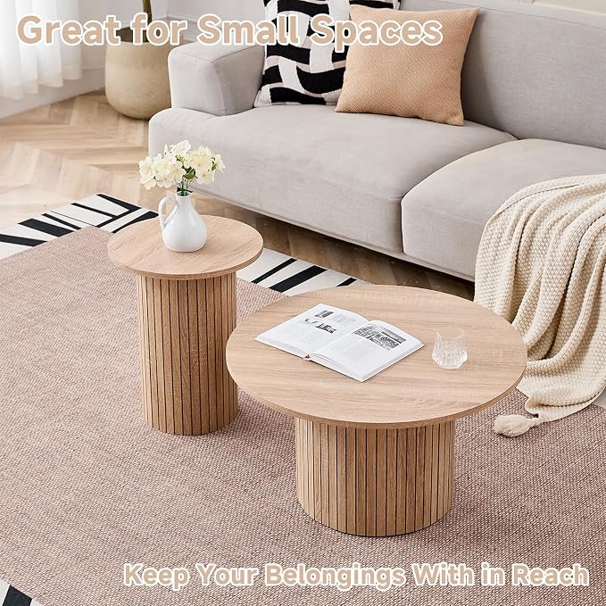 Round Nesting Coffee Table Set of 2 Mid Century Modern Wood Round Coffee Tables - Image 3