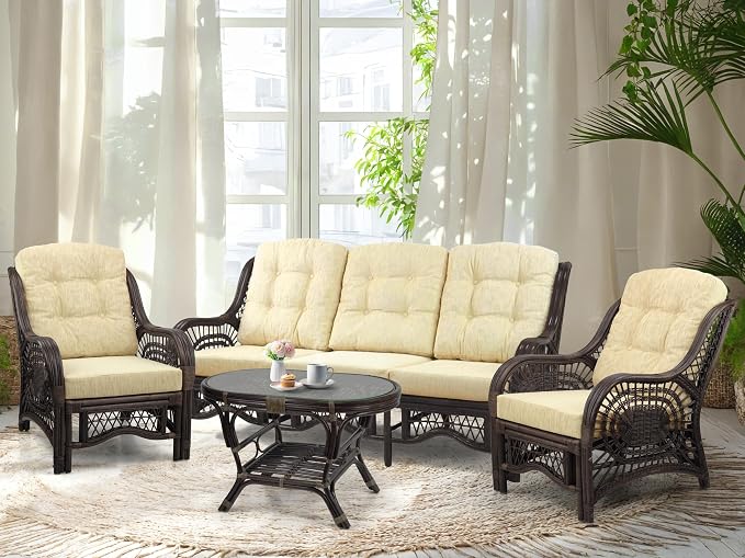 Malibu Lounge Set of 4: 2 Natural Rattan Wicker Chairs, Three-Seater Sofa by Wickerix