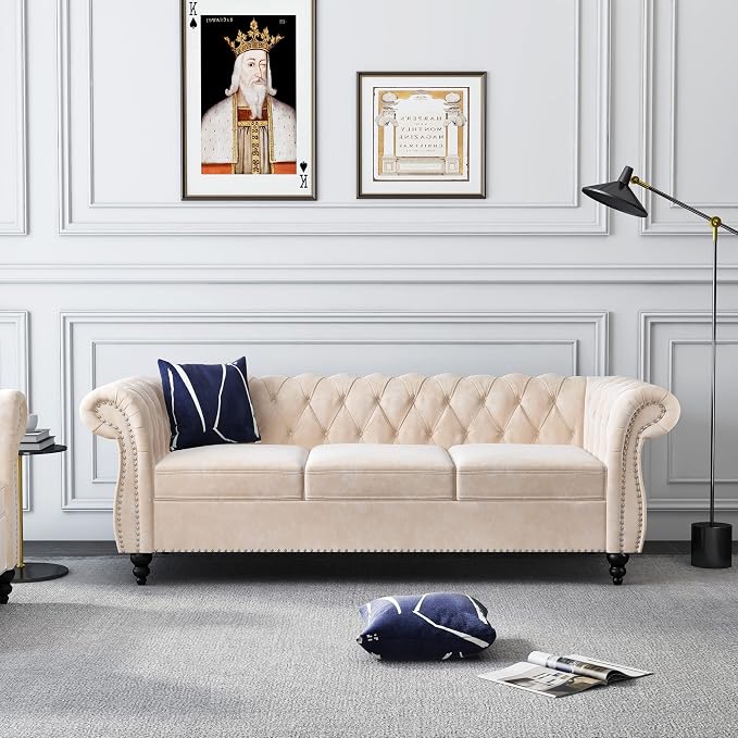 ORRD 2 Piece Living Room Set, Velvet Chesterfield Sofa Loveseat Couch - Image 5