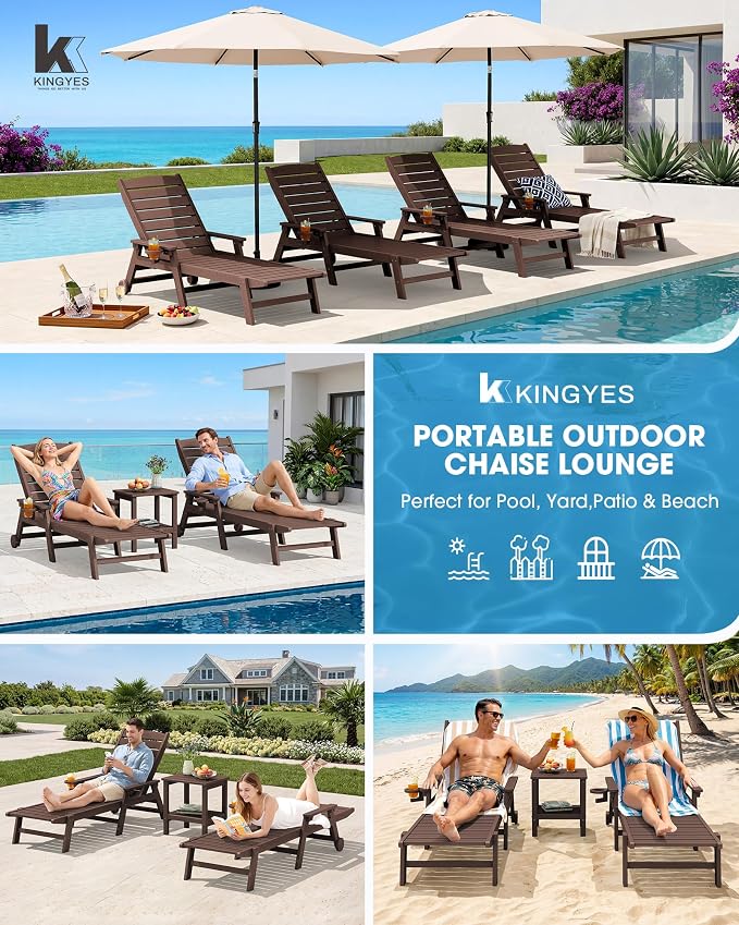 KINGYES HDPE Lounge Chair Outdoor Set of 2, Patio Chaise Lounge Recliner - Image 8