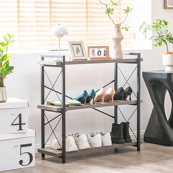 HCHQHS Bookshelf, 3-Tier Industrial Bookcase, Rustic Open Book Shelf, - Image 8