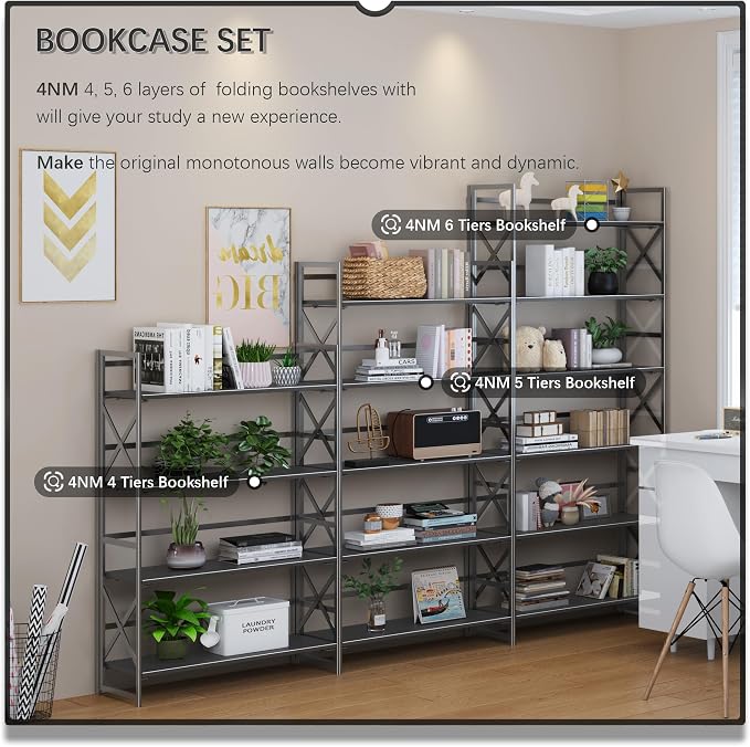 4NM Extra Wide 6 Tiers No Assembly Book Shelves, 61.8" H Folding Bookshelf - Image 5