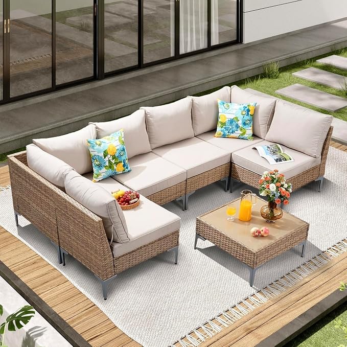 JOYURE 7 Piece Wicker Patio Furniture Set, Outdoor Conversation Sectional Sofa by JOYURE