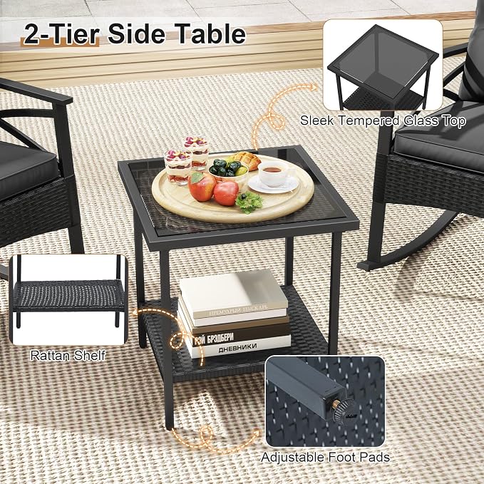 Tangkula 3 Pieces Outdoor Rocking Chairs Set, Rattan Heavy Duty Cushioned - Image 8